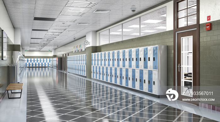 Long school corridor with blue and white lockers , 3d illustration