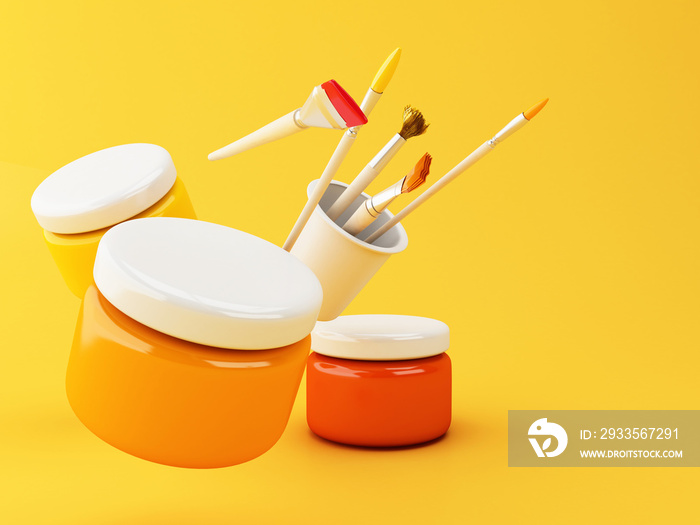 3d Artist paint brushes and paint jars