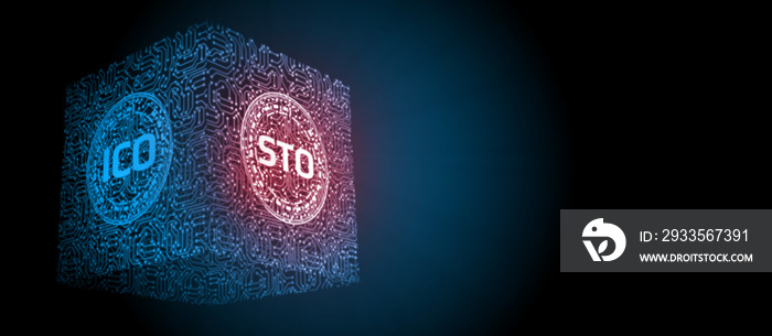 Security Token Offering (STO) is replacing Initial Coin Offering (ICO) as a new proposing technology for crypto currency. Glowing led text over computer circuit board.