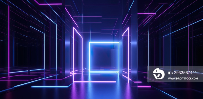 Abstract geometric neon background with glowing frame. Laser light in dark tunnel. Futuristic background