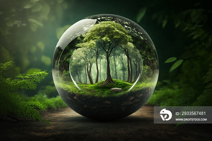 World environment and earth day concept with glass globe and eco friendly enviroment