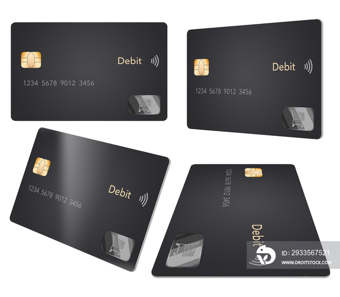 A debit card with a contemporary design is seen in four different positions. The grey card is isolated on a transparent background.