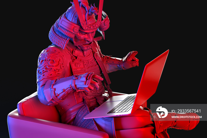 Armored samurai using laptop. 3D illustration