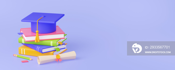 3D render of graduation cap, books and diploma. Colorful pile of literature, rolled academic certificate, pencil, eraser isolated on blue. School or college banner template. Education concept