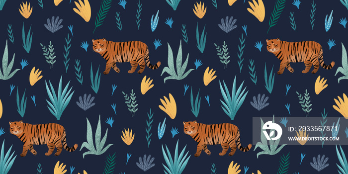 Seamless pattern with tigers and tropical leaves. They are well suited for wrapping paper, textiles and wallpaper for the children’s room.