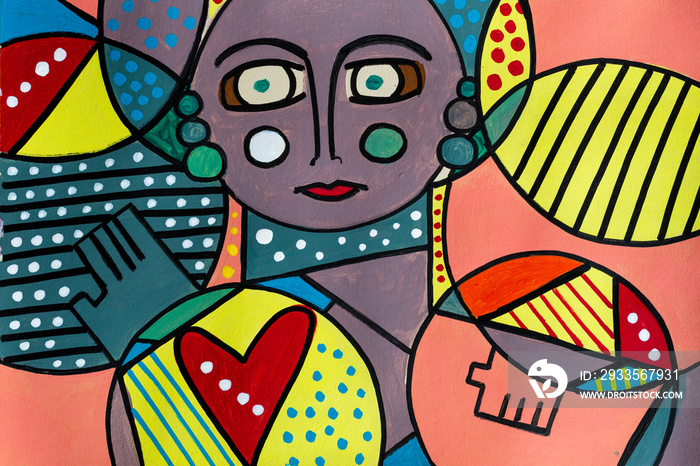 a woman painted in cubism art with many colors and fat