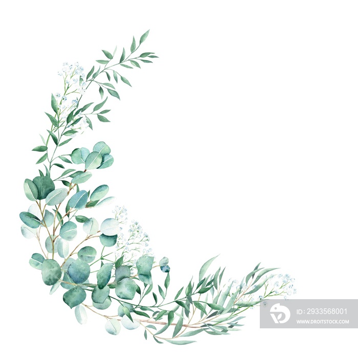 Watercolor greenery wreath, eucalyptus, gypsophila and pistachio branches. Rustic foliage. Hand drawn botanical illustration isolated on white background. Ideal for stationery, invitations, save the