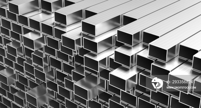 Aluminium or steel profiles background. Stack of alumunium or steel profiles. 3D illustration