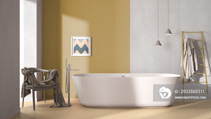 Modern cozy minimalist yellow bathroom, freestanding bathtub, mosaic hexagonal pastel tiles, armchair with fur, concrete white walls, contemporary interior design showcase concept