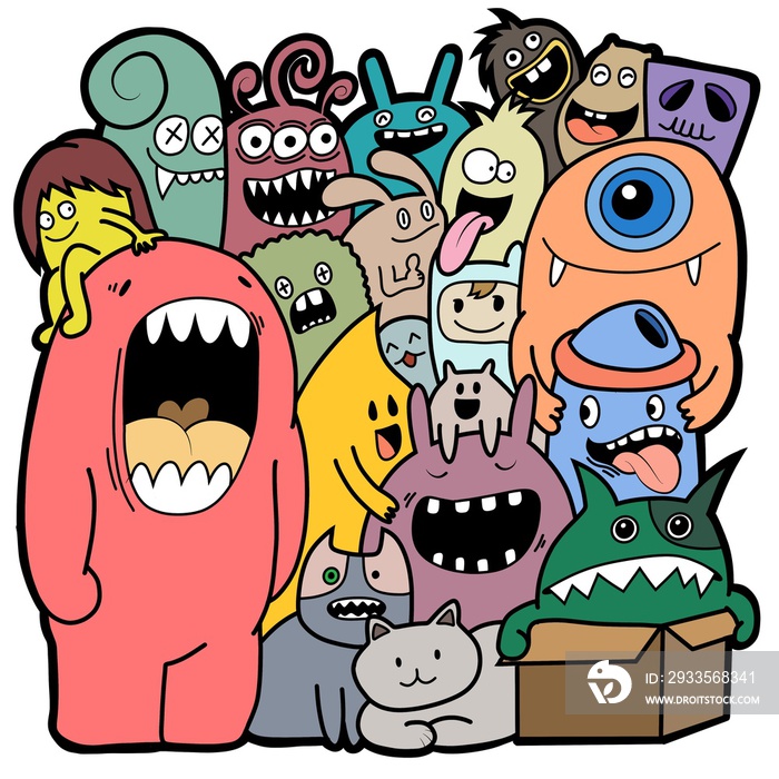 Hand-drawn illustrations, monsters doodle, Hand Drawn cartoon monster illustration,Cartoon crowd doodle hand-drawn Doodle style.