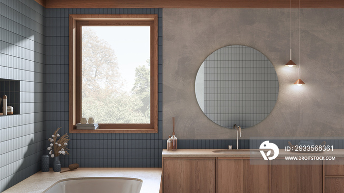 Wabi sabi, japandi bathroom in gray and beige tones, Marble bathtub and wooden washbasin. Farmhouse interior design