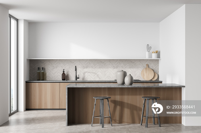 Breakfast bar and minimalist white and wood kitchen