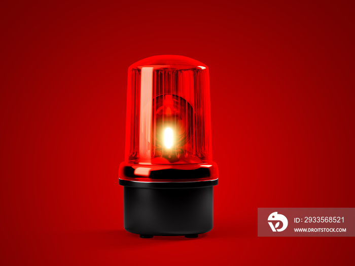 Red siren emergency warning light with black base that are currently on with a dim red background looks exciting 3d render illustration with clipping path