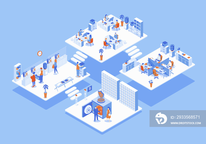 Bank concept 3d isometric web scene with infographic. People working at office, clients stand to cash register, consultants in room, safe storage. Illustration in isometry graphic design