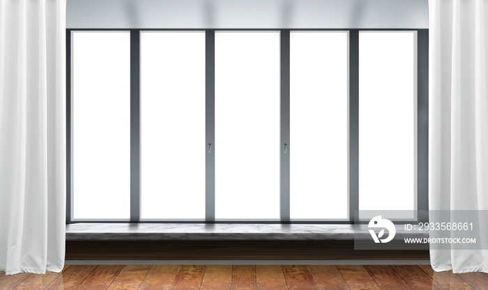 3d rendering of a window with white curtains, product stand display mock-up