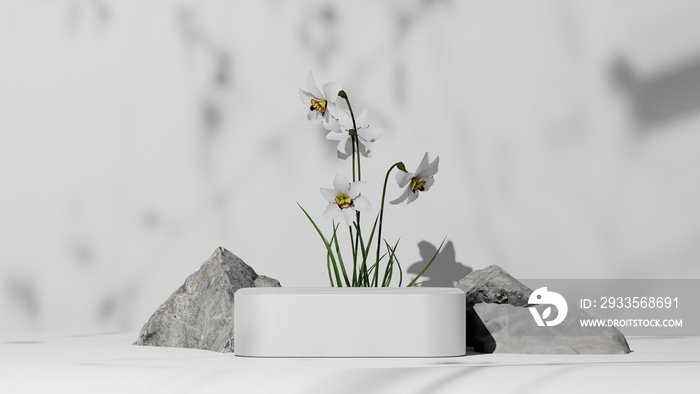 natural white podium mockup or pedestal with white flower, empty platform for beauty product showcase and presentation, 3d rendering