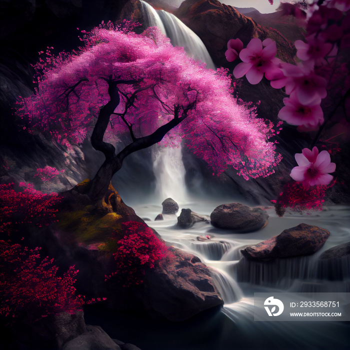 Cherry blossom sakura tree with pink flowers and waterfall landscape illustration