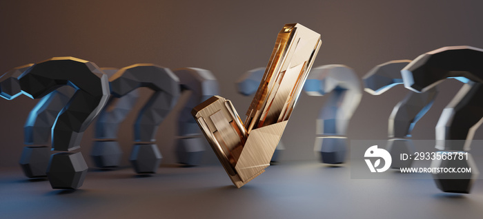 golden tick check and question marks 3d-illustration