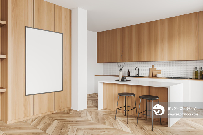 Light kitchen interior with bar seats and countertop. Mockup frame