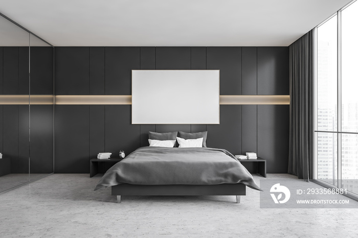 Mockup frame in dark bedroom with black bed and linens on marble floor