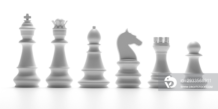 White chess pieces isolated on white background. 3d illustration