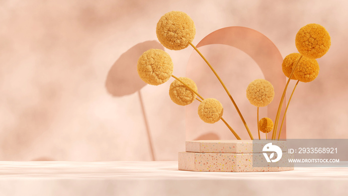 brown terrazzo texture podium 3d rendering template mockup yellow mimosa flower in landscape