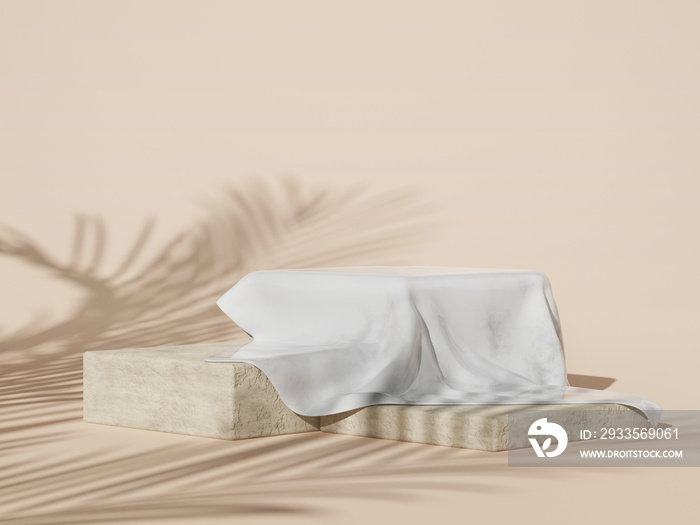 3d rendering of white fabric placed on pedestal or stone podium for product presentation. Cosmetic concept.