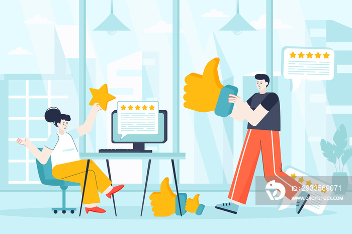 Best feedback concept in flat design. Employees get good reviews from satisfaction customers scene. Man and woman hold stars, like signs. Illustration of people characters for landing page