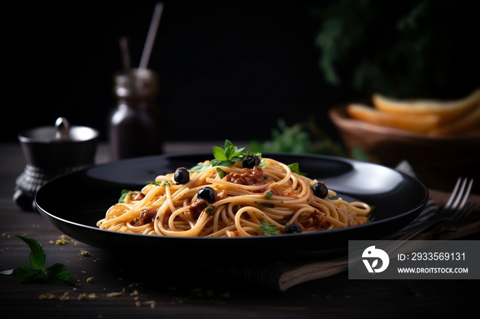 Spaghetti Pasta with Black Olives on Dark Background