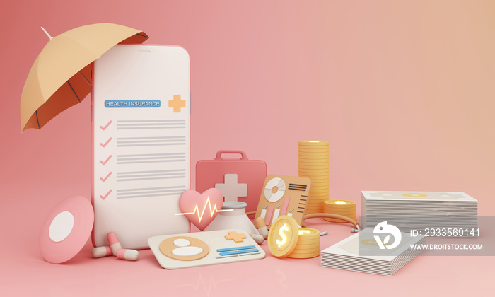 health insurance form surrounded by shields Heart shapes and haeart rates and umbrellas and pills. First aid box vaccine bottle on pastel cream and pink background with money, coins, id 3d render