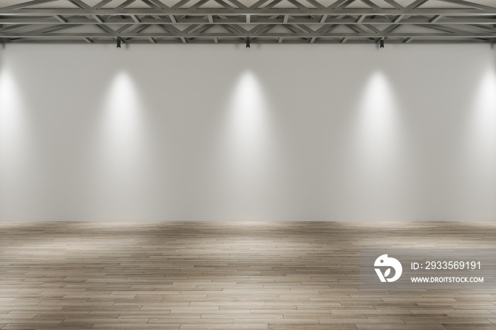 Modern concrete gallery interior with wooden parquet flooring, lights and mock up place on wall. Exhibition concept. 3D Rendering.