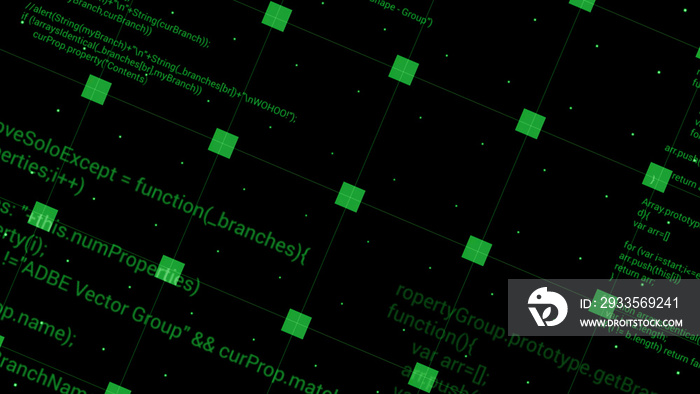 Rotating background with grid and program code. Motion. Grid with squares and written program code rotates on black background. Program codes in grid. Beautiful hacker background