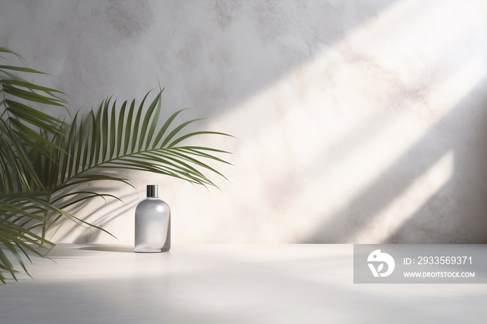 Modern minimal empty white marble stone counter table top, palm tree in sunlight, leaf shadow on concrete wall background for luxury organic cosmetic, skin care, beauty treatment product display