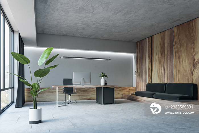 Simple concrete and wooden office interior with curtain, window with city view, workspace and furniture. 3D Rendering.