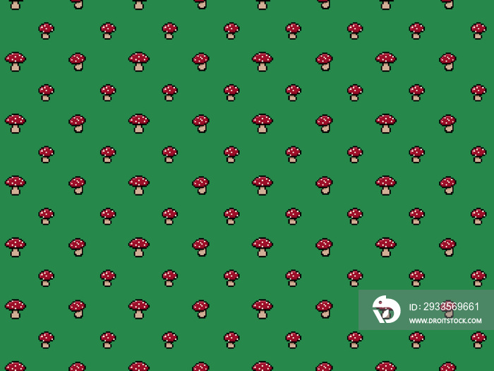 Pixel 8 bit red mushrooms with white dots on green background - high res seamless pattern