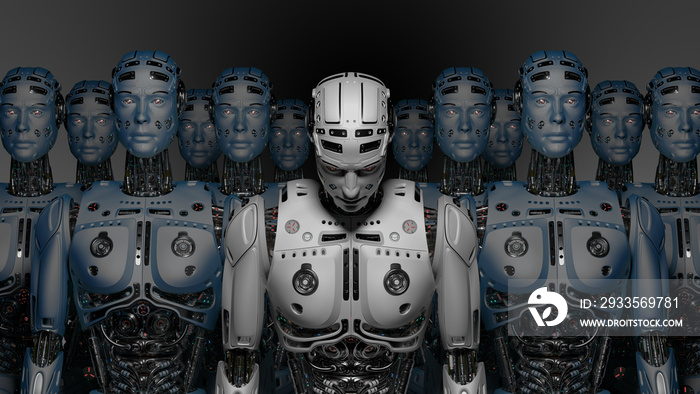 3D Render futuristic robot army or group of cyborgs on gray background