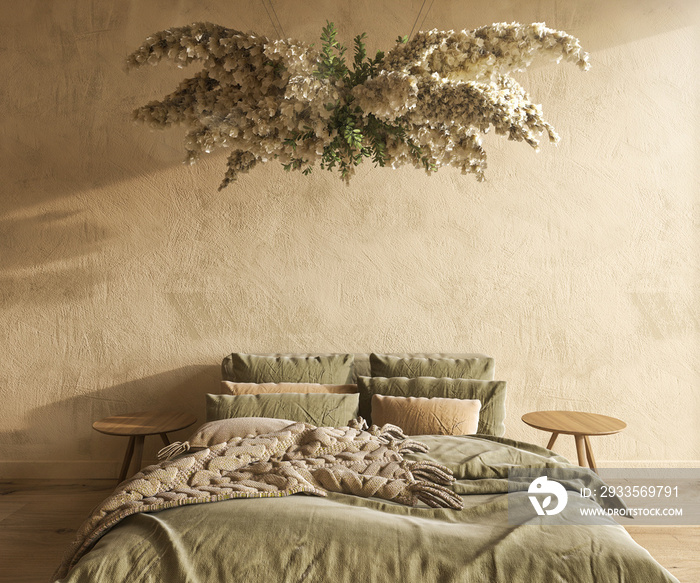 Farmhouse interior bedroom mockup. Bed with green blanket and chandelier with dry flowers. 3d render illustration rustic style on empty beige wall.