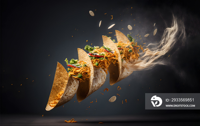 Mexican tacos with beef, vegetables and salsa flying on dark background