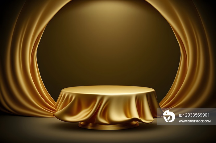 Gold shiny silk satin showcase, round product display platform with silky fabric curtain background, 3d illustration for design, mockup, template