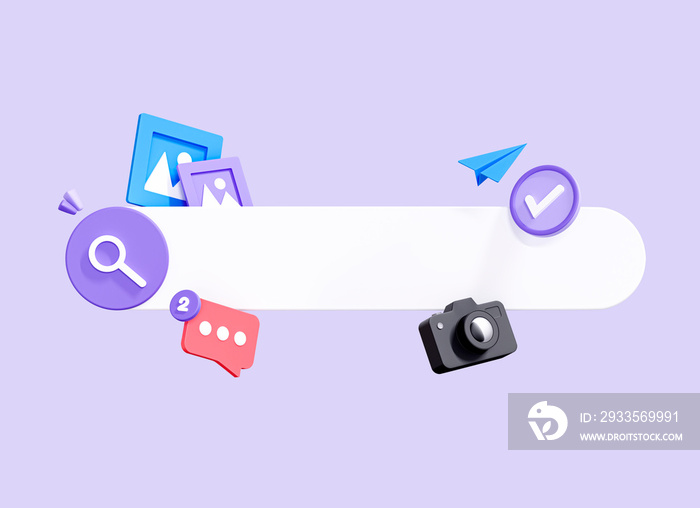 3D Search bar with search for images and photo. Seo optimisation. Digital content. Web browser. Website link with magnifier. Cartoon creative design icon isolated on purple background. 3D Rendering