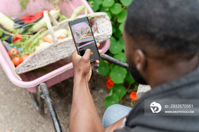 Close-up of man photographing vegetables with smart phone