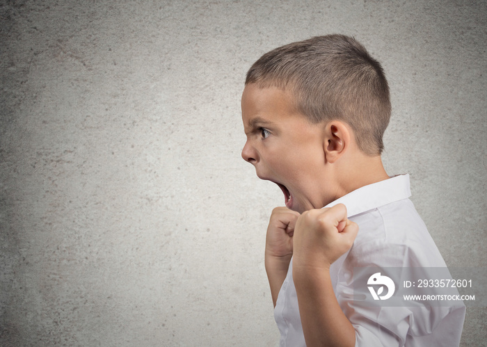 Angry Boy Screaming, side view profile, grey wall background