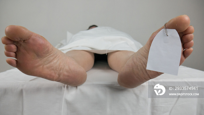 close up of the feet of dead body after autopsy possibly deceased from covid-19