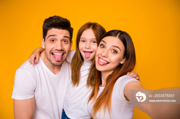 Self-portrait of three nice attractive charming cute lovely cheerful cheery glad crazy comic childish playful person embracing having fun isolated over bright vivid shine yellow background