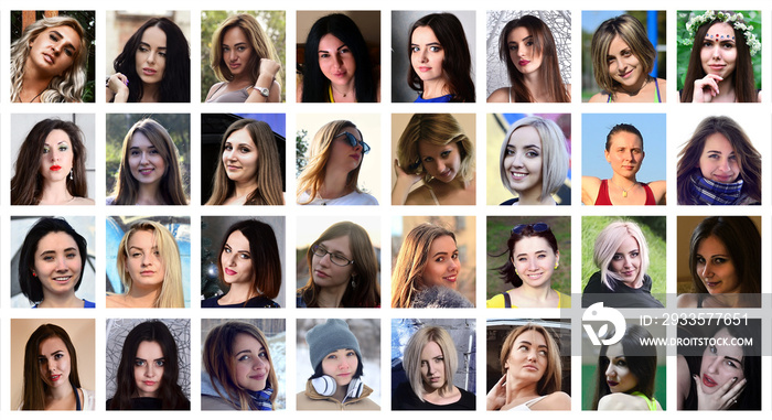 Collage group portraits of young caucasian girls for social media network. Set of square female avatar isolated on a white background