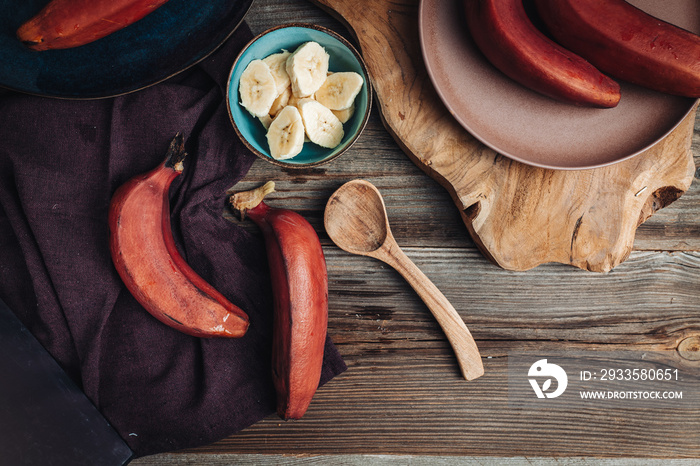 Fresh raw red bananas from South America