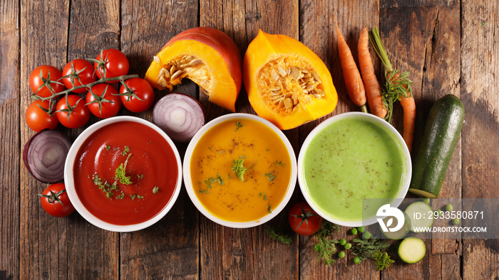 assorted of colored vegetable soup- tomato, pumpkin and zucchini soup