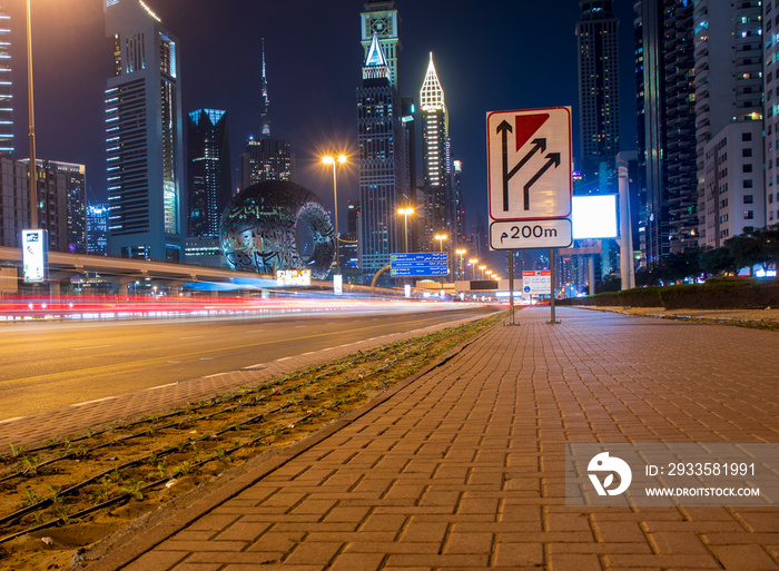 Main road of a United Arab Emirates, Shekh Zayed road. Shot taken in Dubai. Many of famous landmarks can be seen as well as metro station and Museum of future.