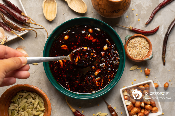 Chili oil sauce with sesame and peanuts called macha. Mexican food