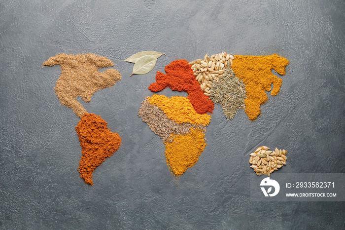 World map made of different spices on grey background